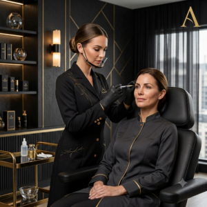 Profissional de estética utilizando dispositivo de microagulhamento roller em paciente na WK Cursos e Saúde. Ambiente clínico sofisticado em tons de preto e dourado.
