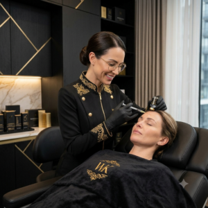 Profissional de saúde aplicando toxina botulínica em paciente em clínica de estética avançada com jalecos pretos e detalhes em dourado da WK Cursos.